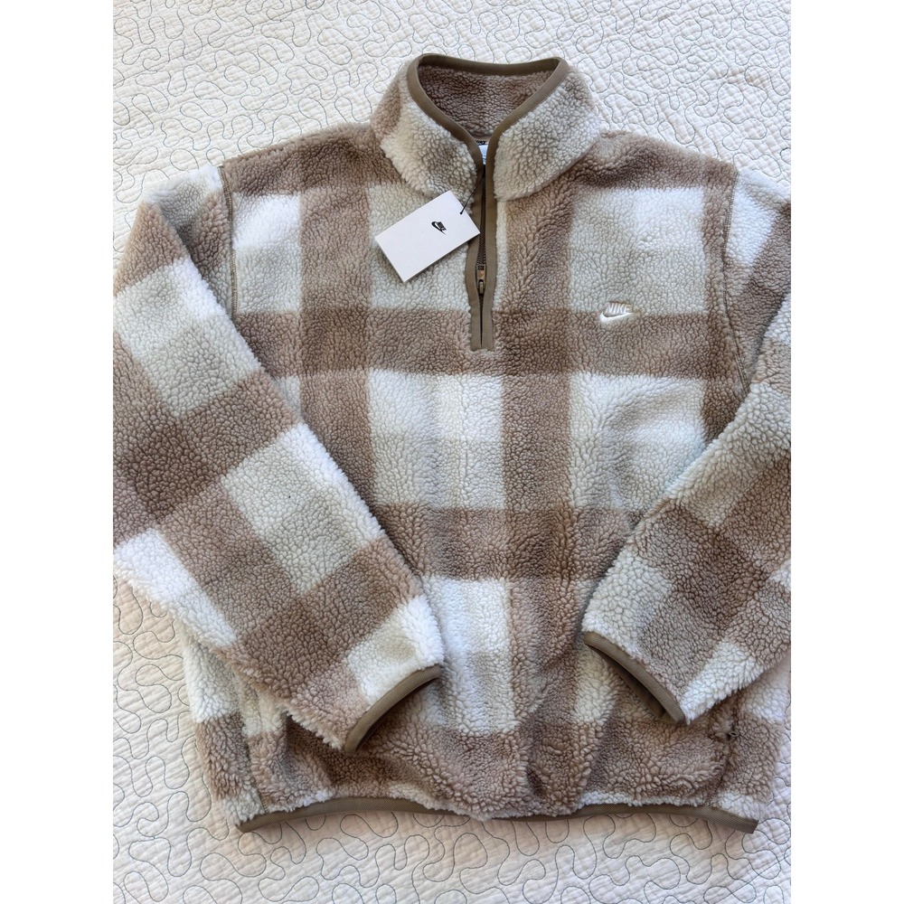 Nike Sherpa 1/4 Zip Plaid Pullover Tan Cream Mens Size Large
